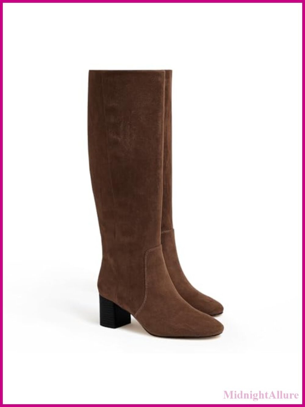 Faux Suede Chunky Heel Knee High Boots Round Toe Side Zipper Tall